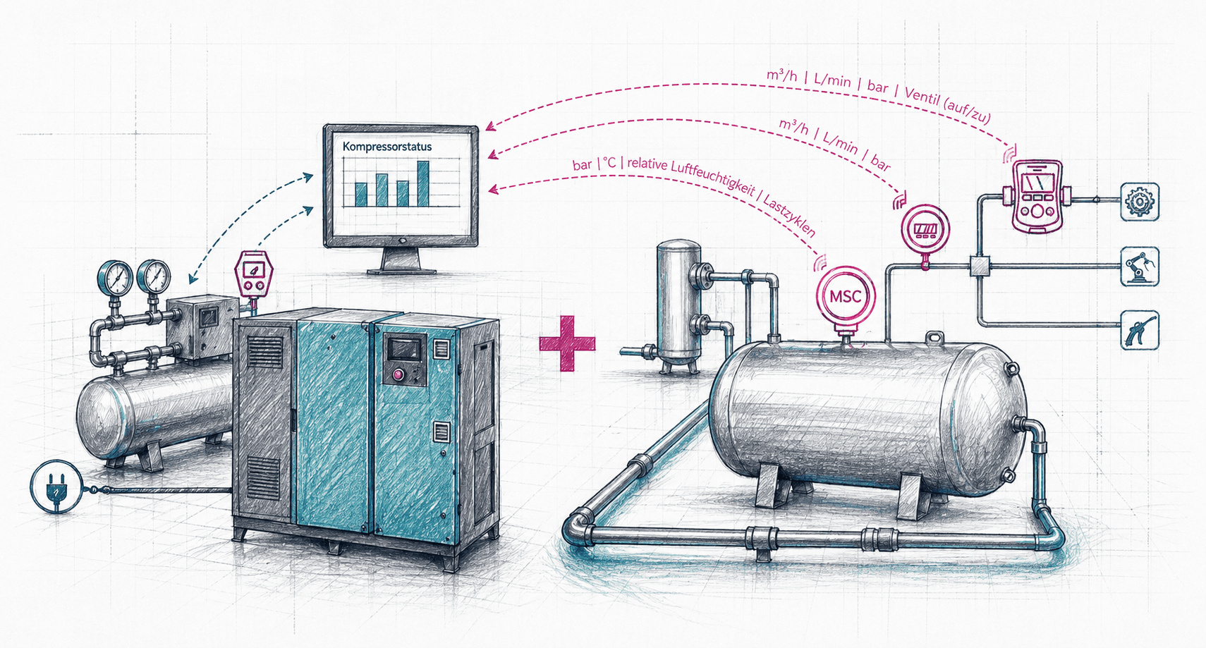 Skizze der Nachrüstung eines bestehenden Druckluftsystems mit MABE SMART CONTROL